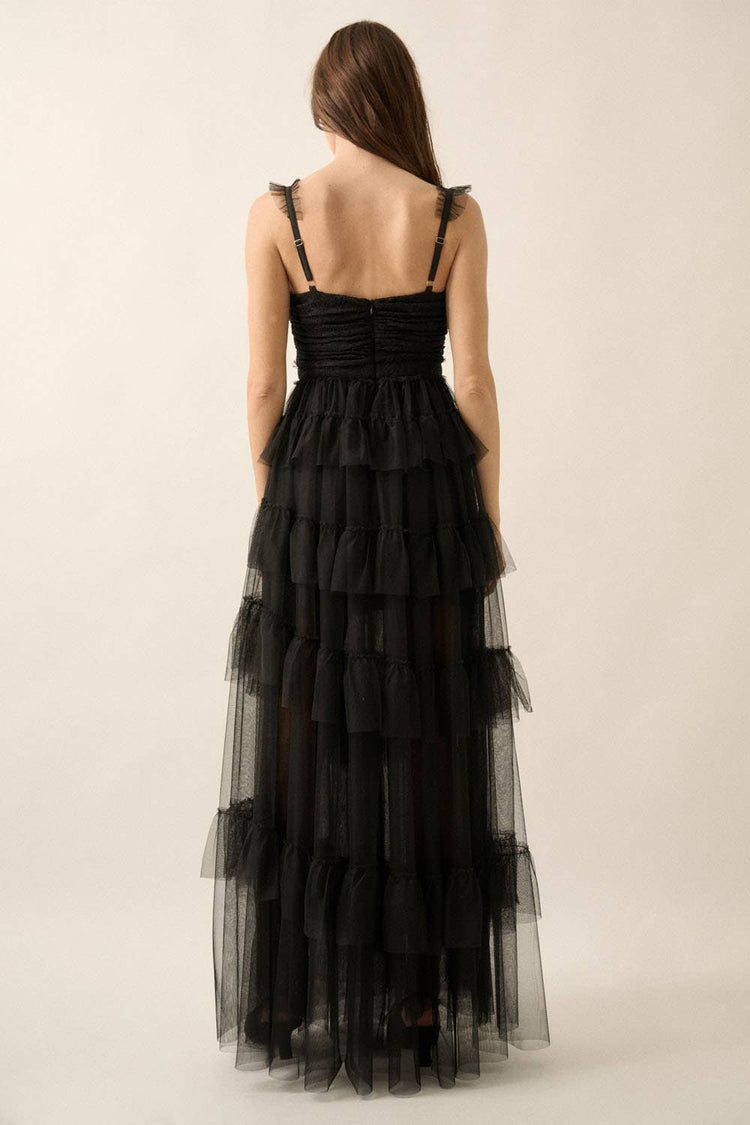 Floral Lace and Tulle Tiered Ruffle Maxi Dress