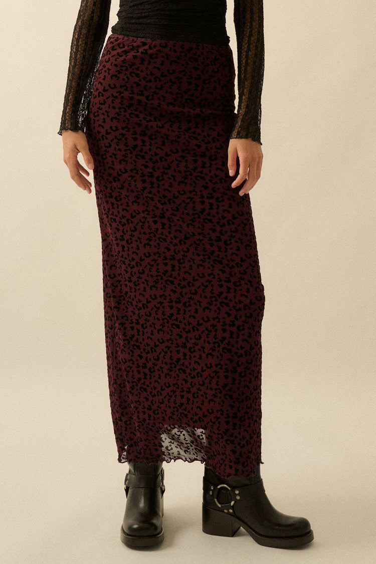 Cranberry Leopard Mesh Straight Maxi Skirt