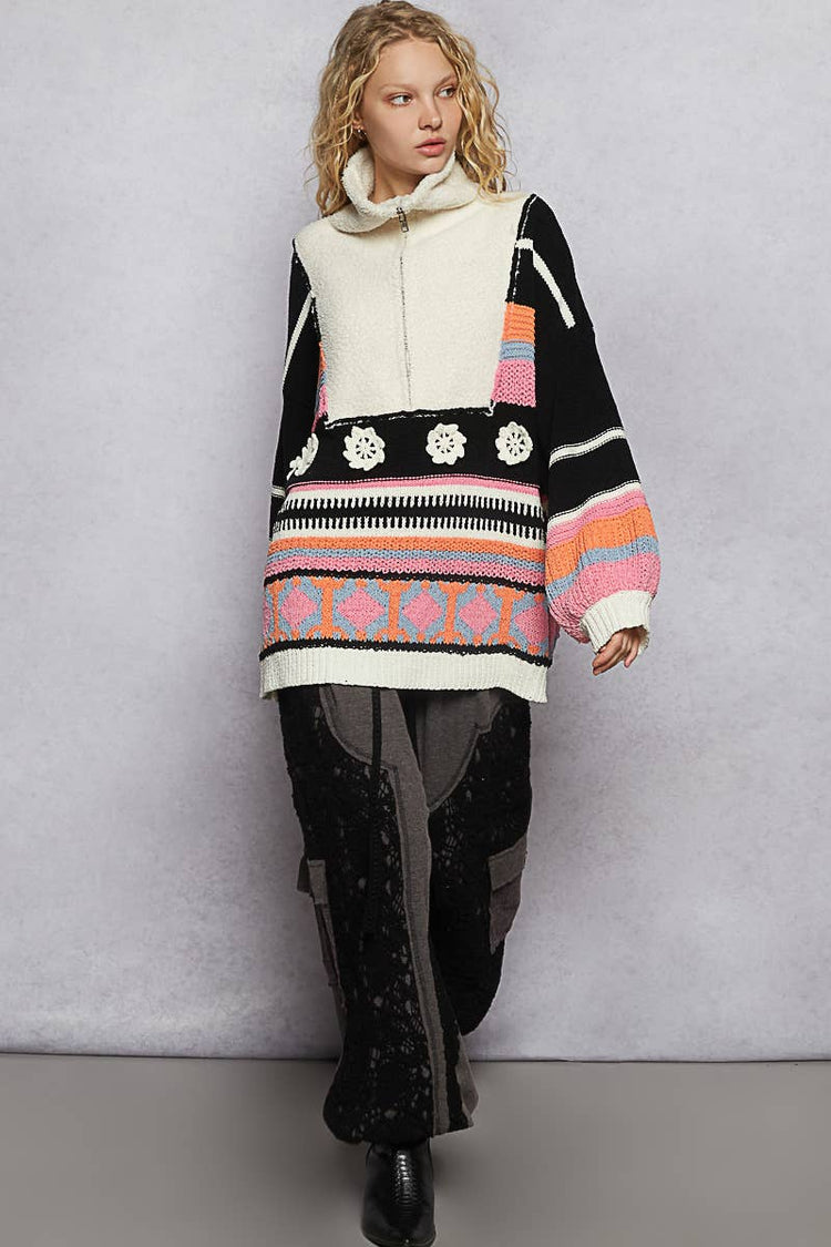 High collar half zipper rainbow pullover