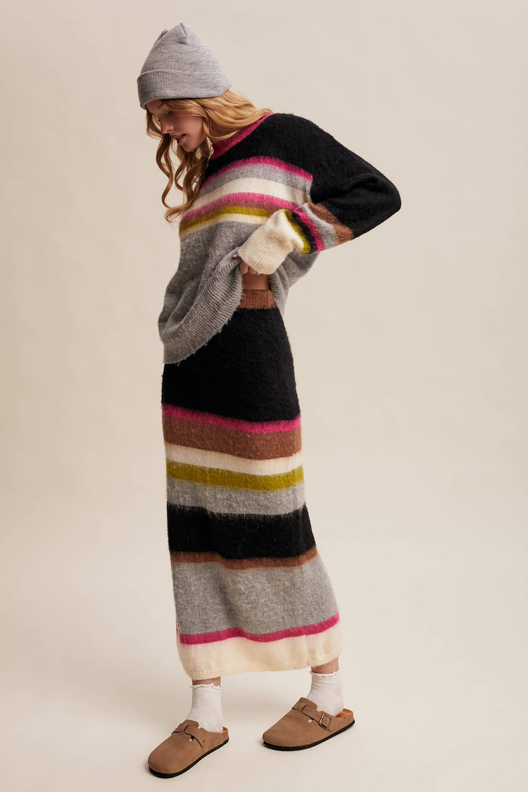 Striped Fuzzy Knit Sweater & Skirt Set