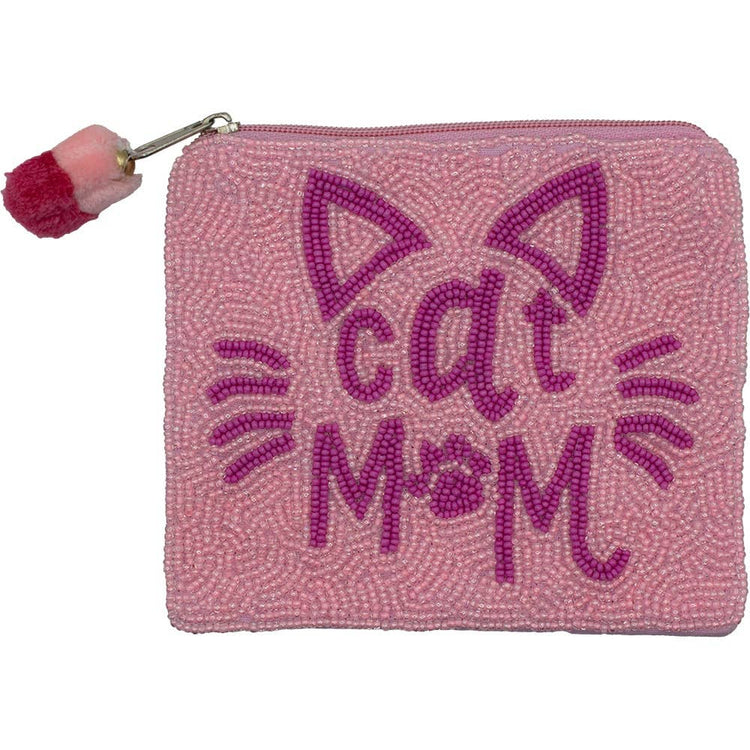 Pink Cat Mom Beaded Coin Pouch