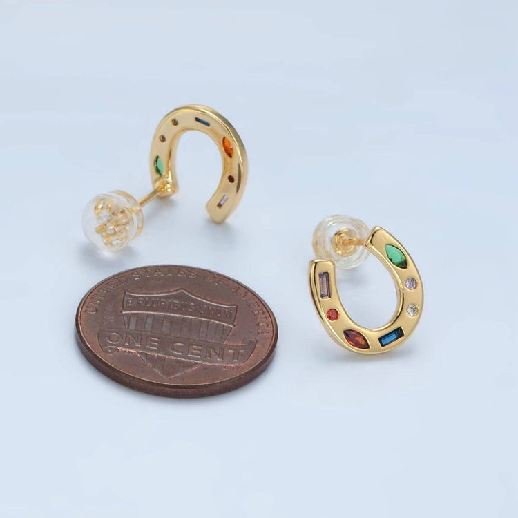 16K Gold Filled Multicolor CZ Horseshoe Stud Earrings | AD604
