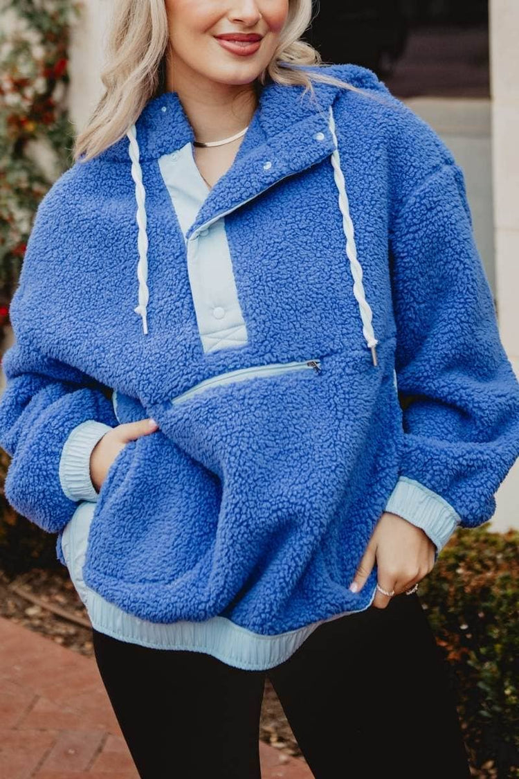 Blue Two-Toned Sherpa Fleece Wholesale Pullover