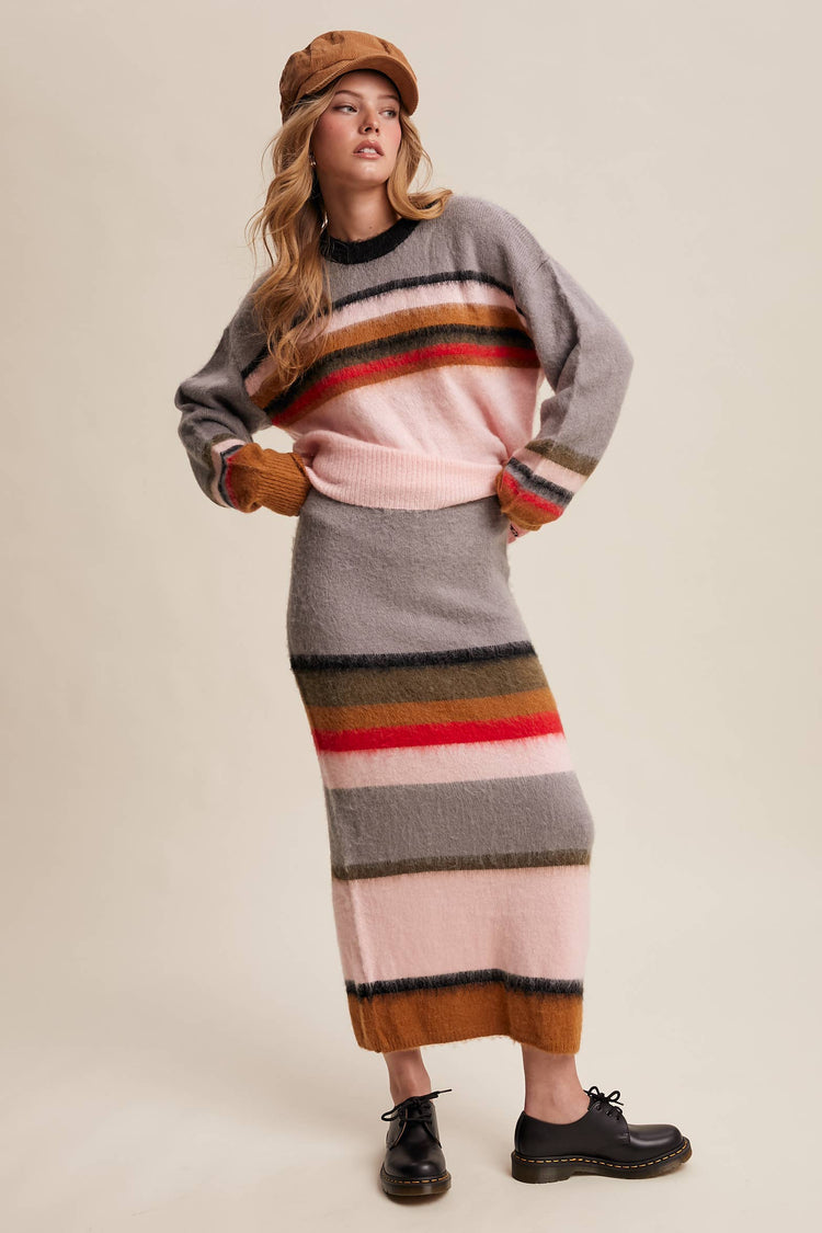 Striped Fuzzy Knit Sweater & Skirt Set