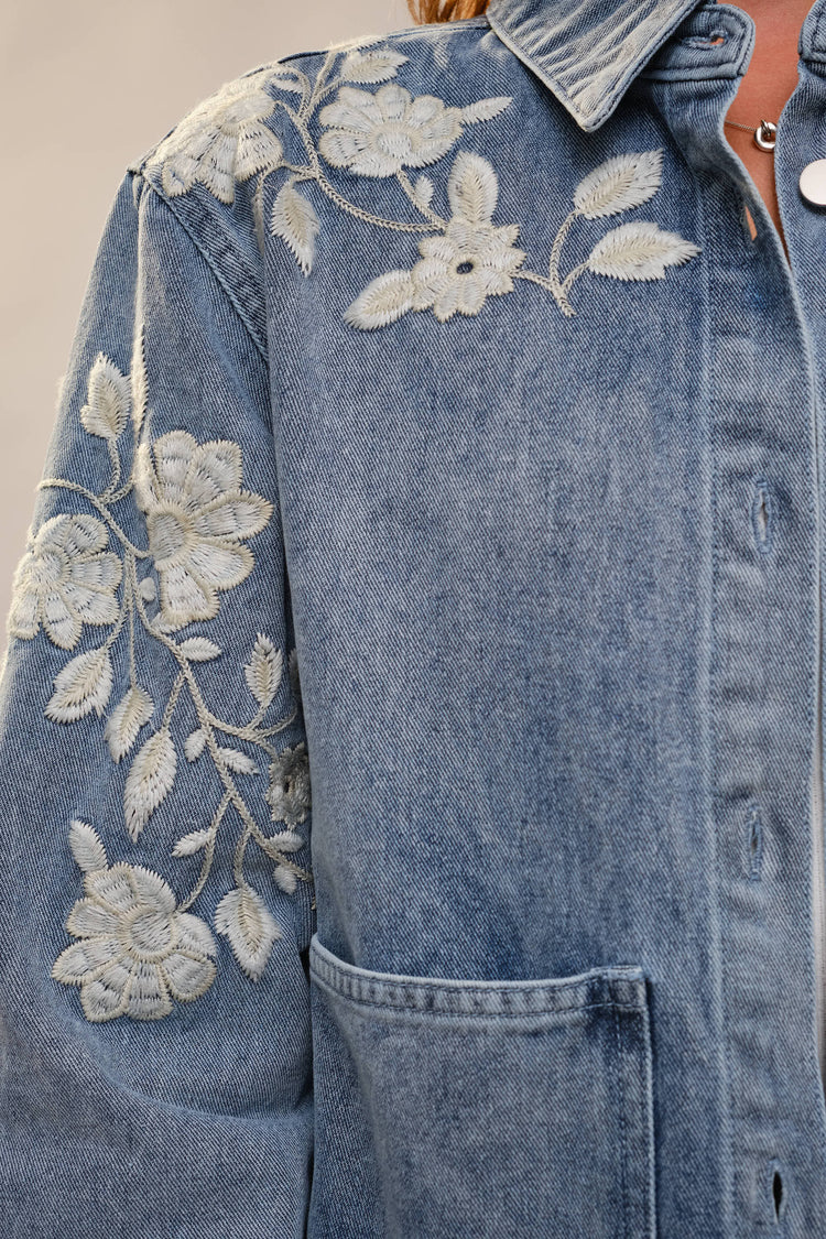 Denim Work Jacket With Floral Embroidery