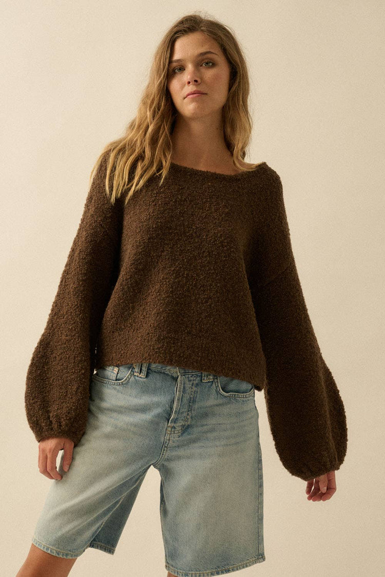 Textured Knit Bubble-Sleeve Sweater