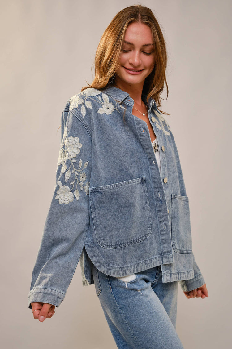 Denim Work Jacket With Floral Embroidery