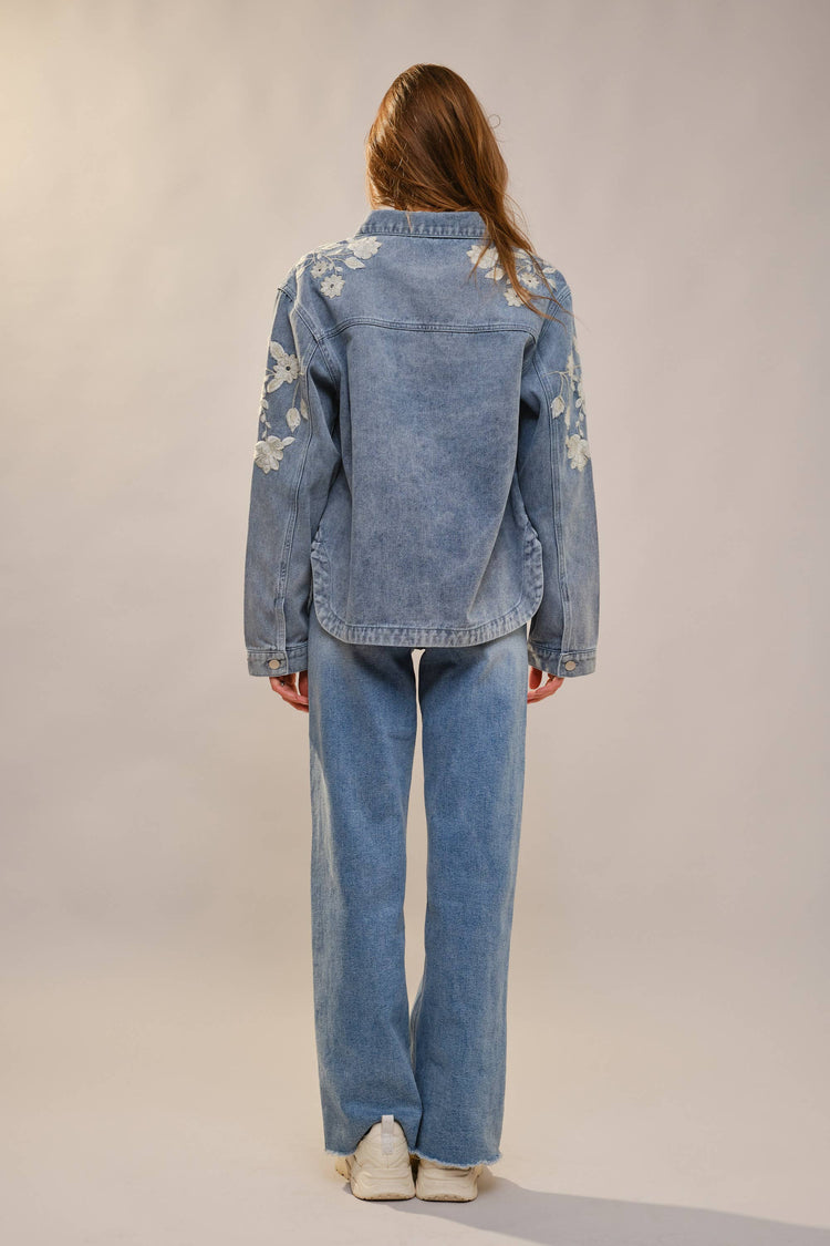 Denim Work Jacket With Floral Embroidery