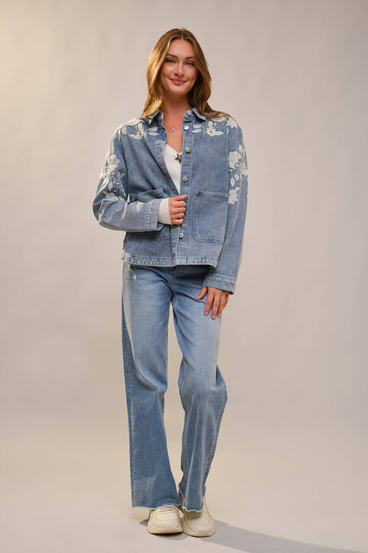 Denim Work Jacket With Floral Embroidery