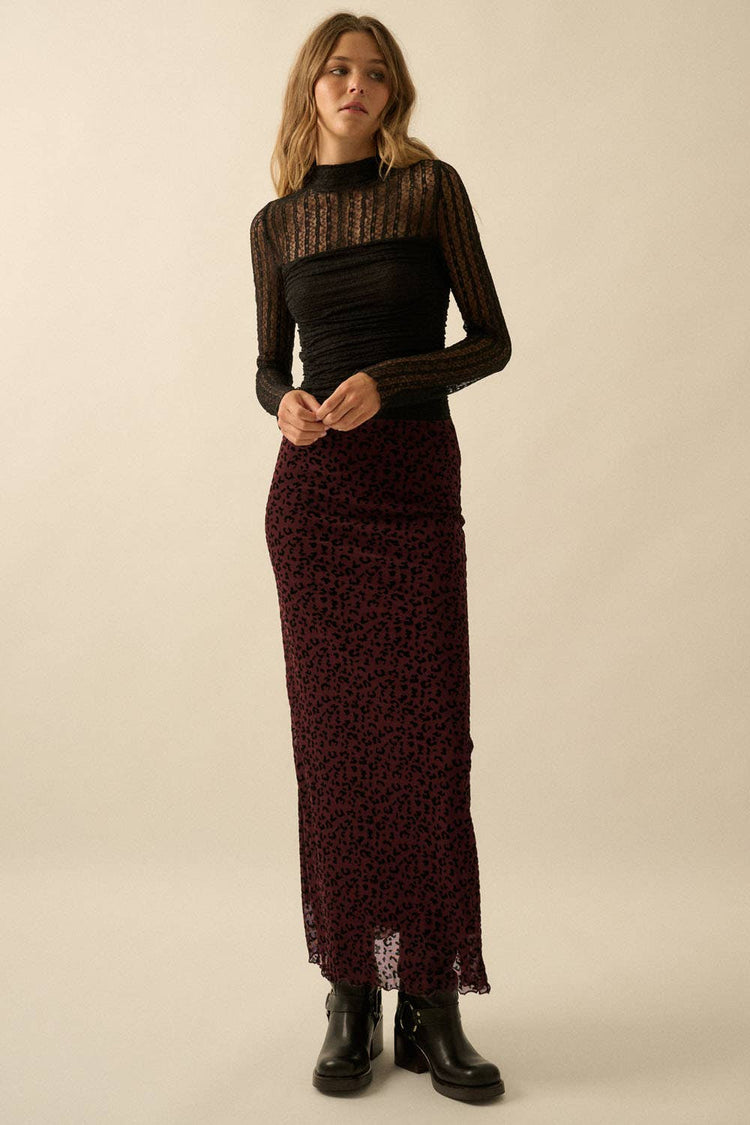 Cranberry Leopard Mesh Straight Maxi Skirt
