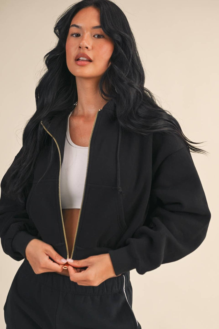 Cozy Cocoa Fleece Oversized Crop Full Zip Hoodie