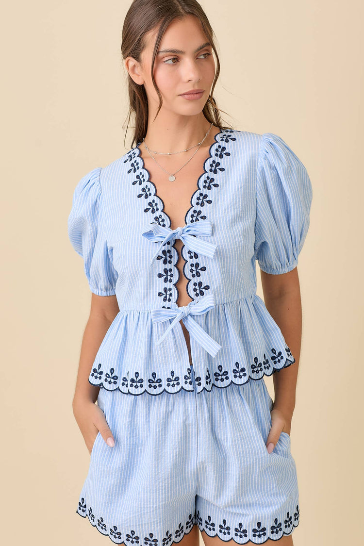 V-neck Front Tie Blouse With Scallop