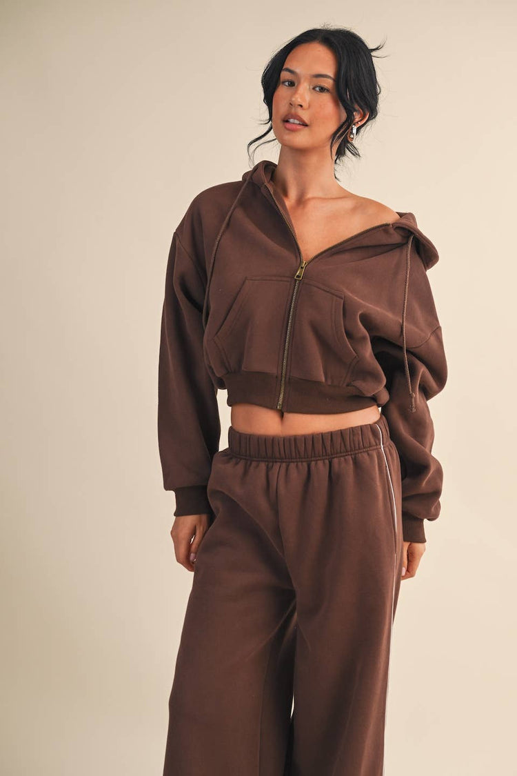 Cozy Cocoa Fleece Oversized Crop Full Zip Hoodie