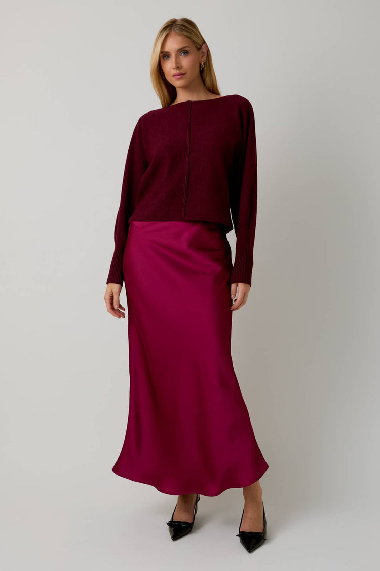 Cranberry Satin Midi Skirt