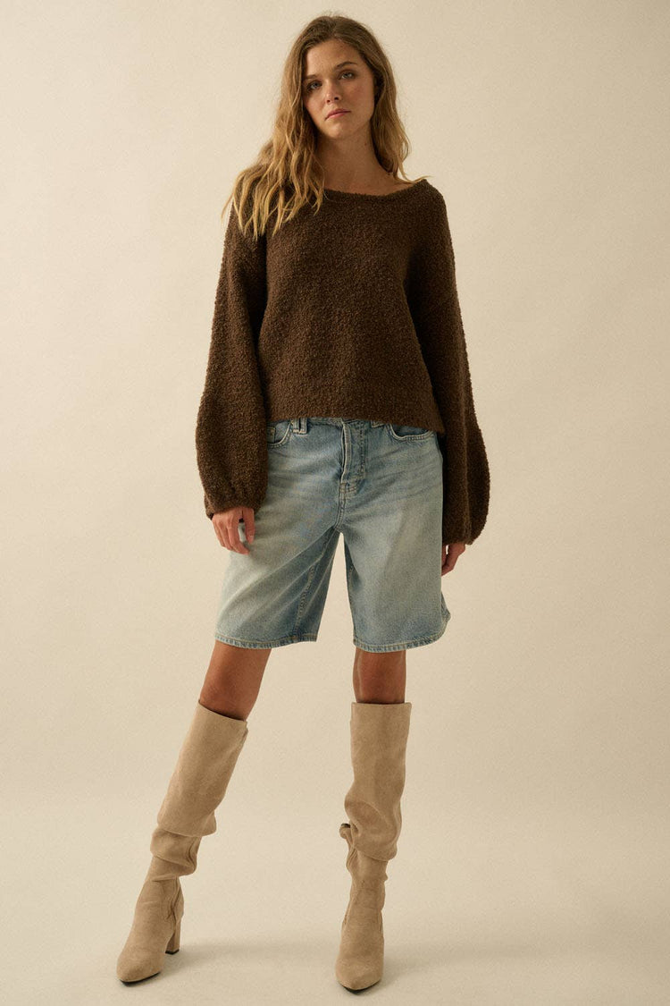 Textured Knit Bubble-Sleeve Sweater