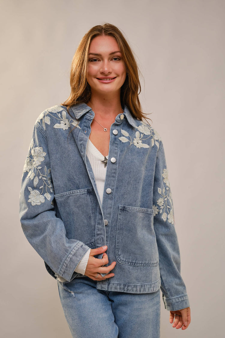 Denim Work Jacket With Floral Embroidery