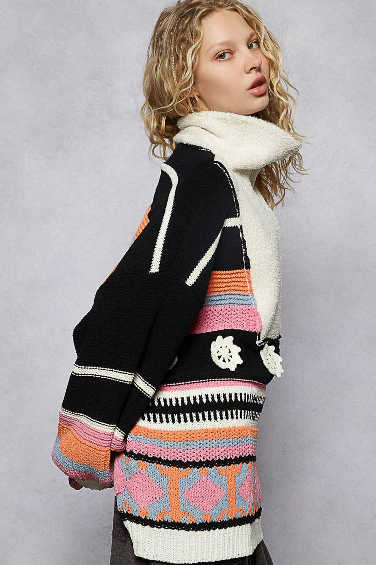 High collar half zipper rainbow pullover