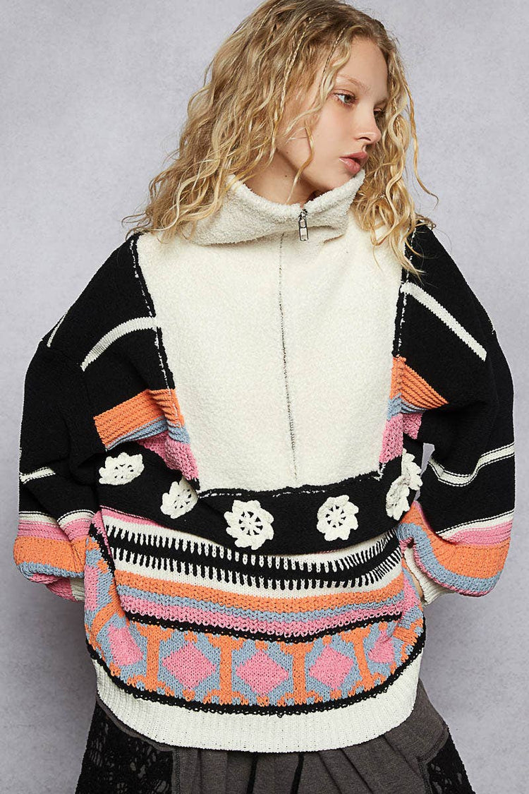 High collar half zipper rainbow pullover