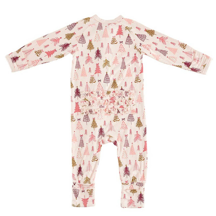 Cozy Romper with Ruffles - Pink Trees