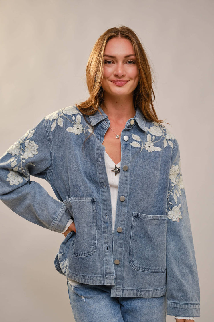 Denim Work Jacket With Floral Embroidery