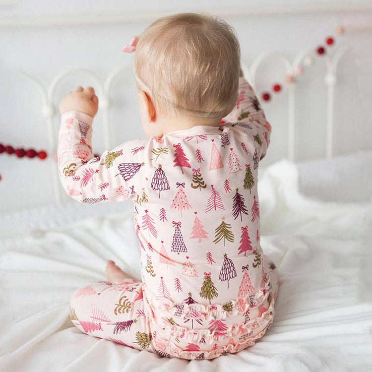 Cozy Romper with Ruffles - Pink Trees