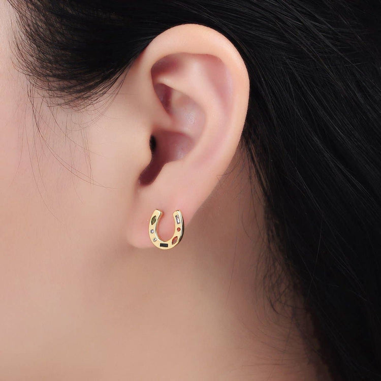 16K Gold Filled Multicolor CZ Horseshoe Stud Earrings | AD604