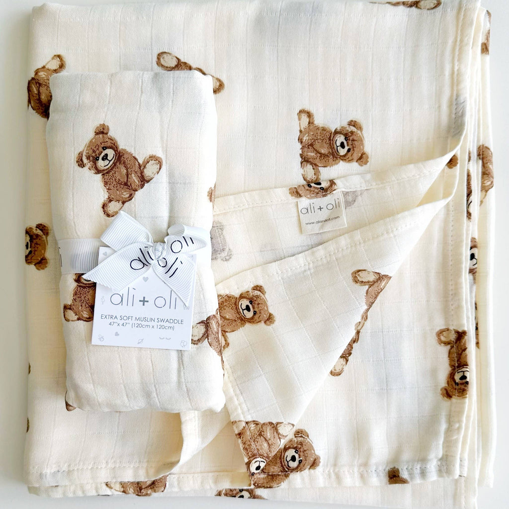 Bamboo Muslin Swaddle Blanket Teddy Bear