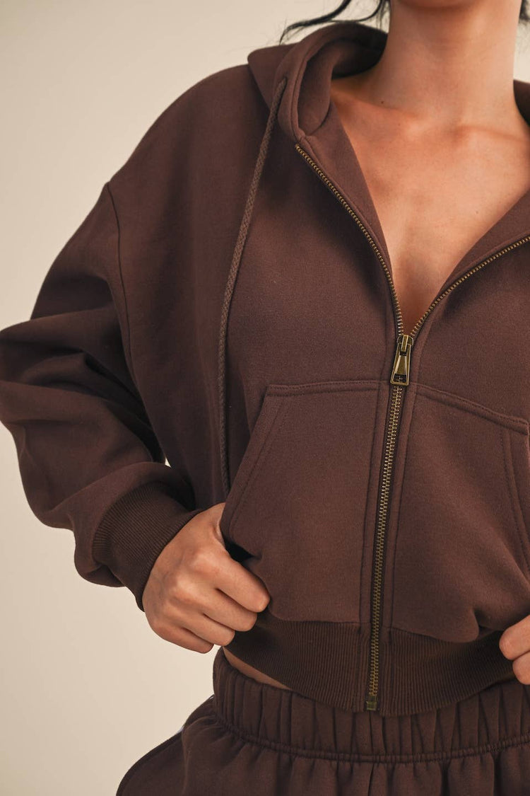 Cozy Cocoa Fleece Oversized Crop Full Zip Hoodie