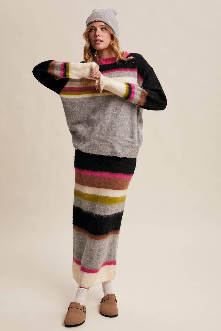 Striped Fuzzy Knit Sweater & Skirt Set