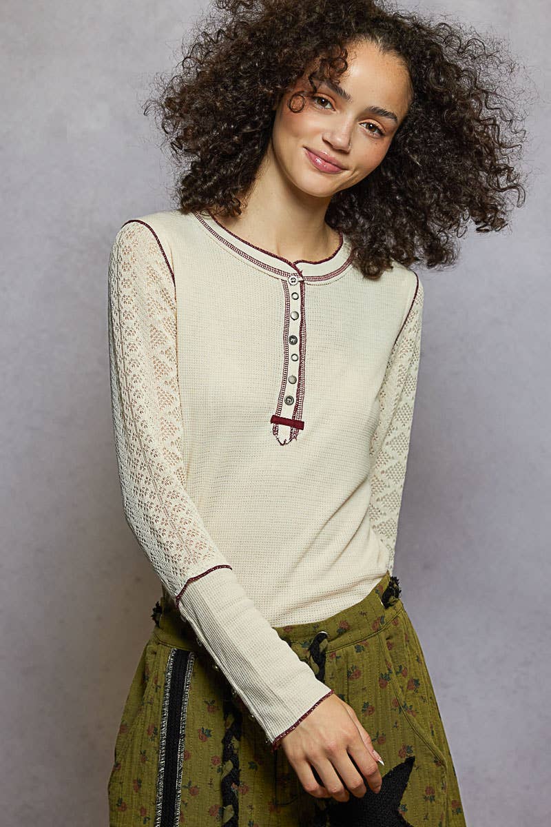 Round neck solid cut and sew knit mix knit top