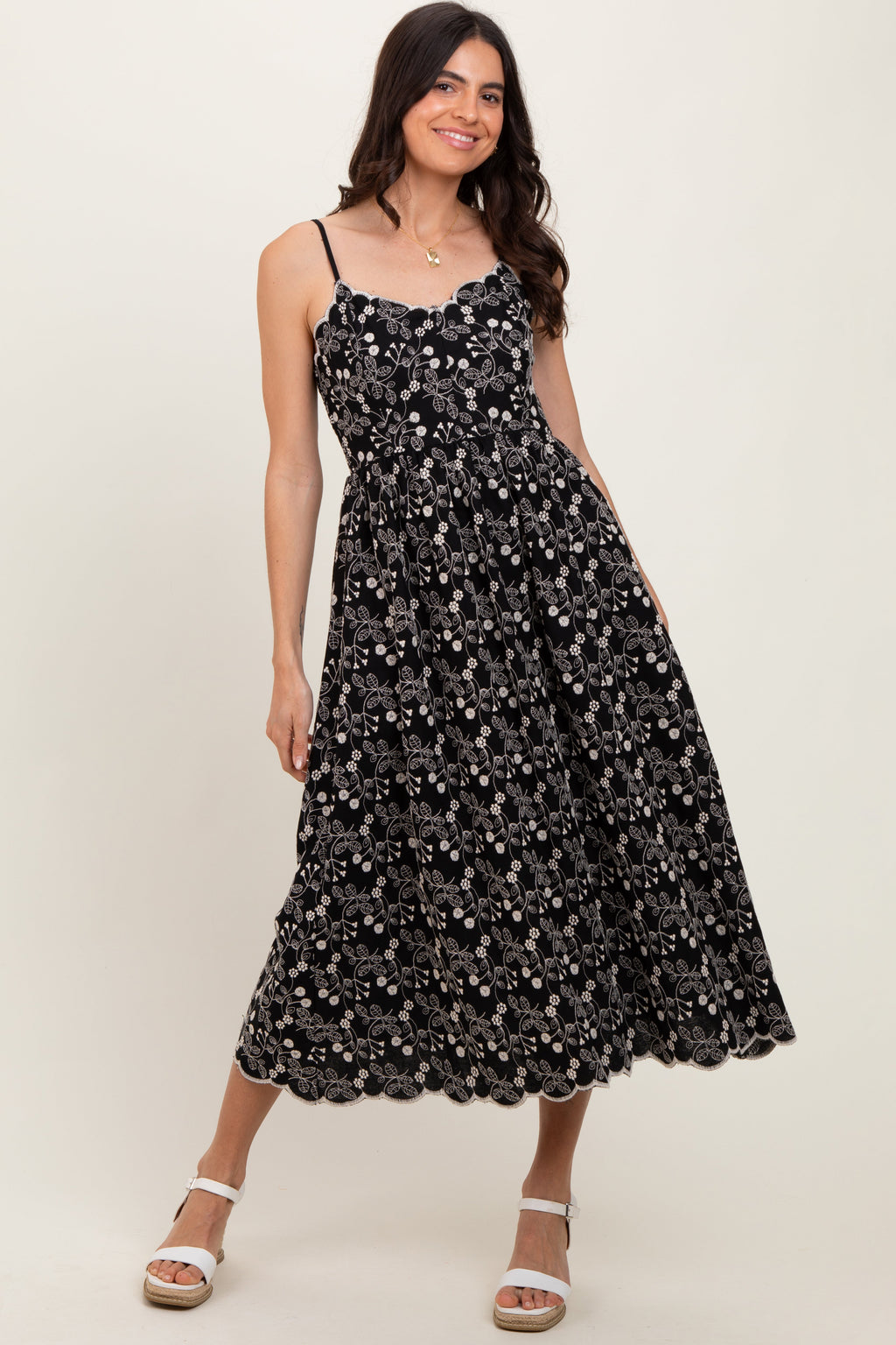 Black Floral Embroidered Scallop Detail Midi Dress