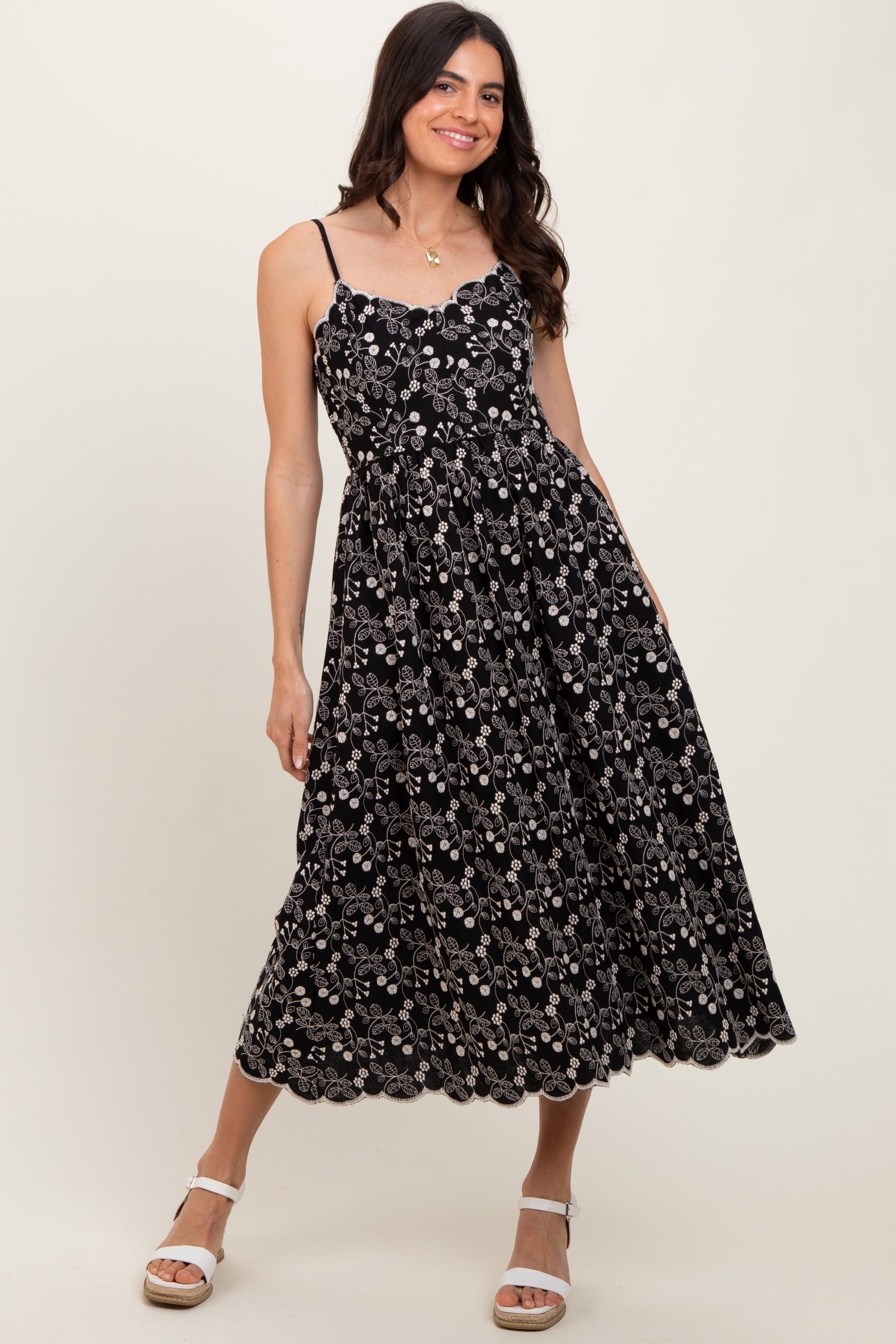 Black Floral Embroidered Scallop Detail Midi Dress