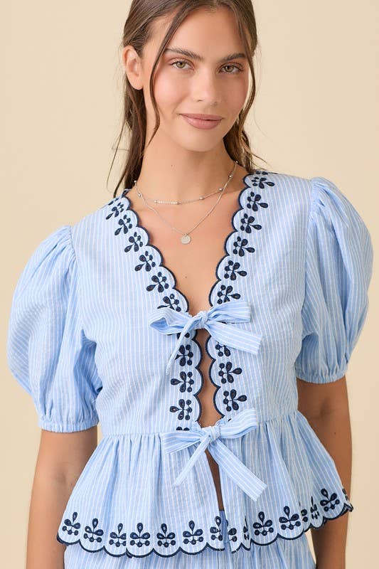 V-neck Front Tie Blouse With Scallop