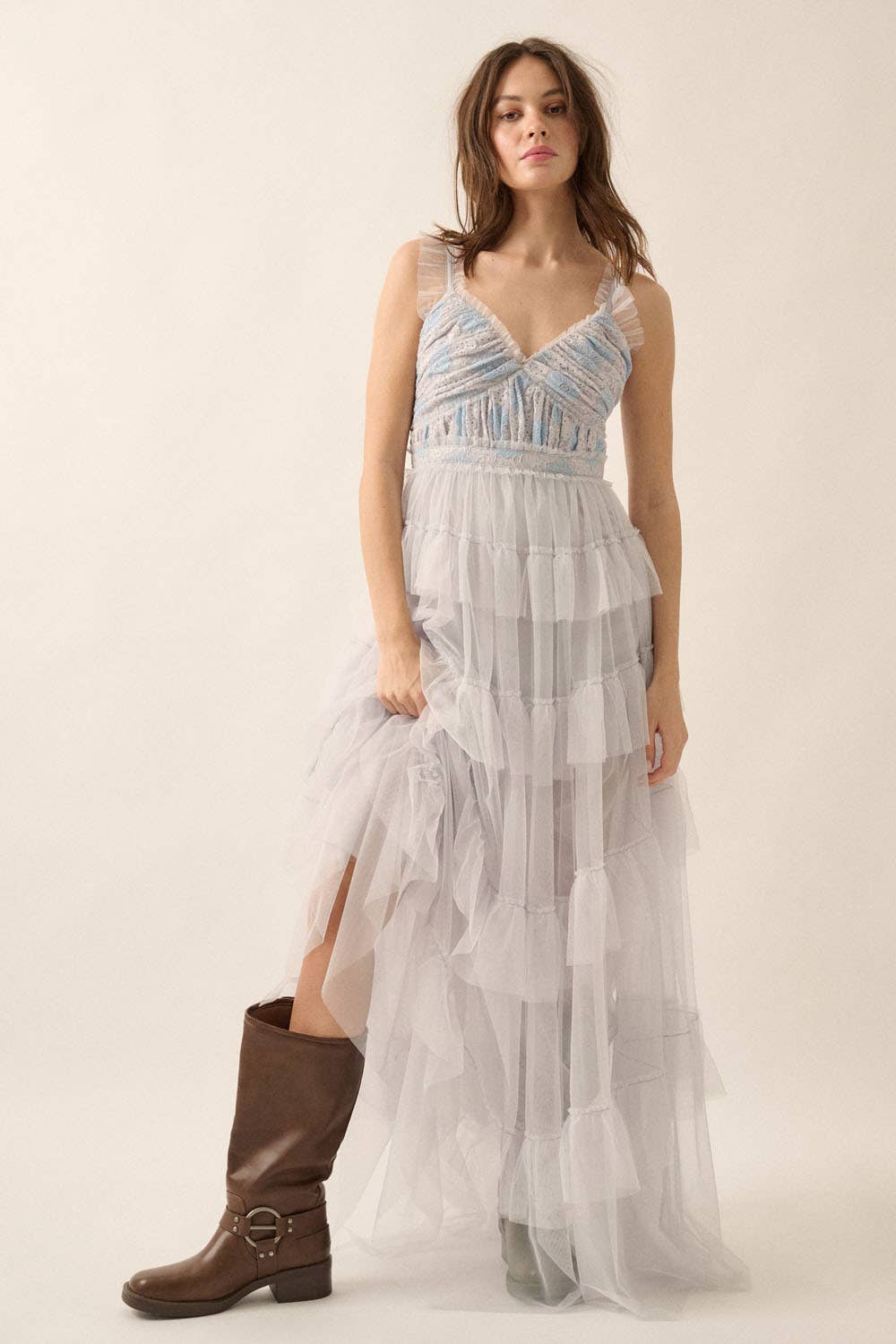 Floral Lace and Tulle Tiered Ruffle Maxi Dress