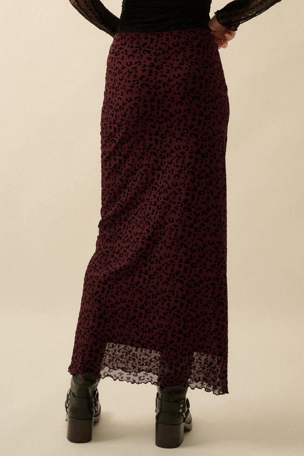 Cranberry Leopard Mesh Straight Maxi Skirt
