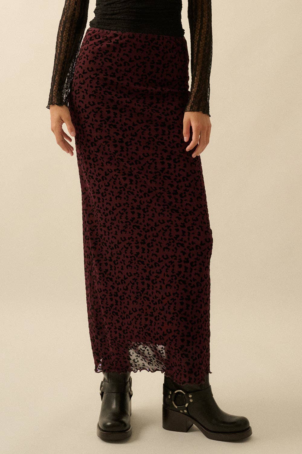 Cranberry Leopard Mesh Straight Maxi Skirt