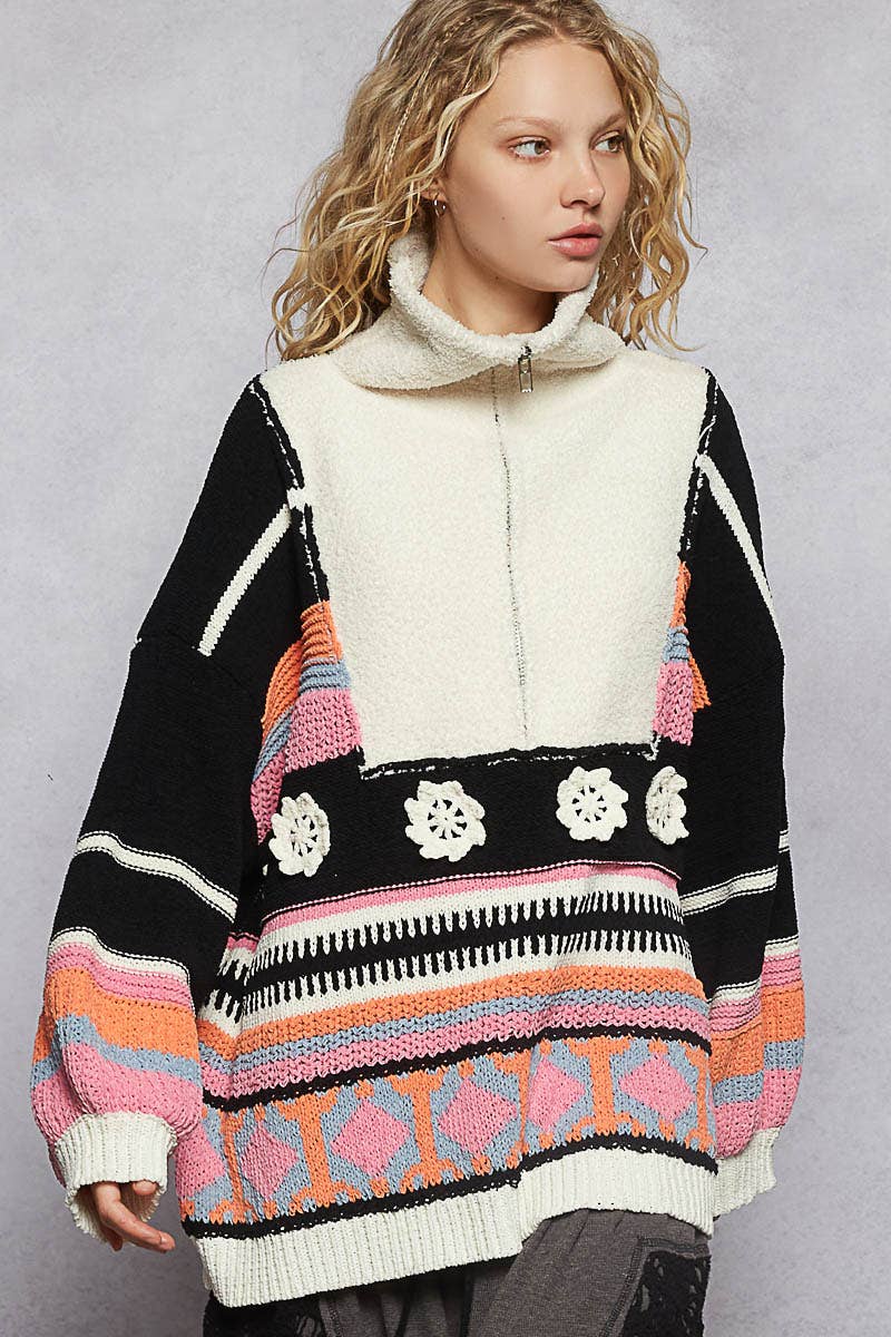 High collar half zipper rainbow pullover
