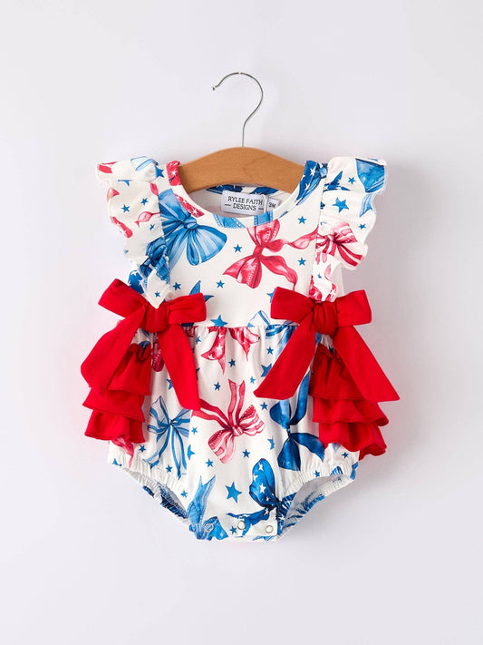 4th of July Bow Print Girls Romper