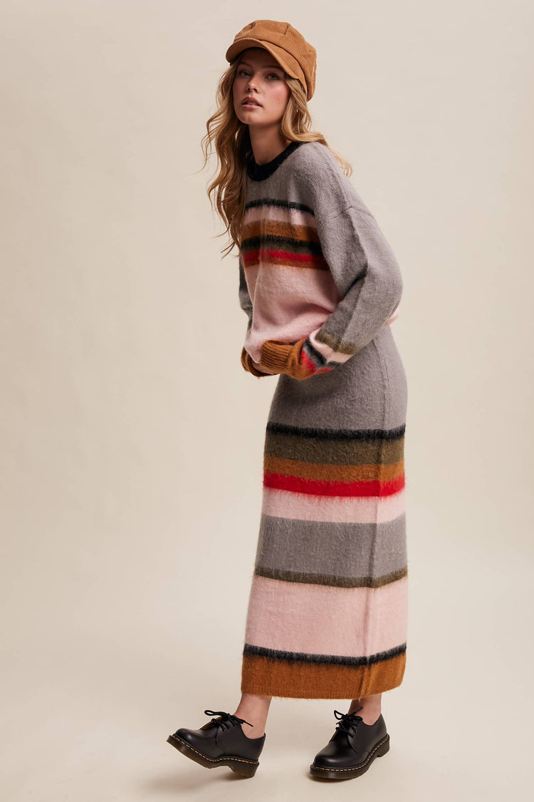 Striped Fuzzy Knit Sweater & Skirt Set