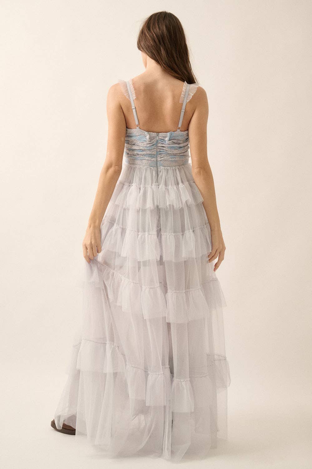 Floral Lace and Tulle Tiered Ruffle Maxi Dress