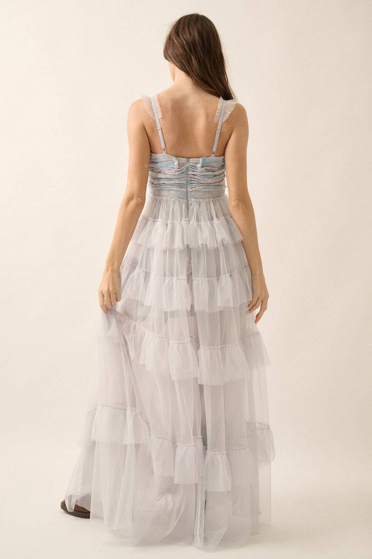 Floral Lace and Tulle Tiered Ruffle Maxi Dress