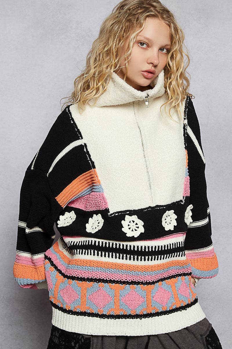High collar half zipper rainbow pullover