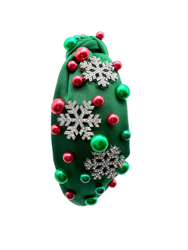 Holiday Snowflake Green Jewel Pearl Knot Headband