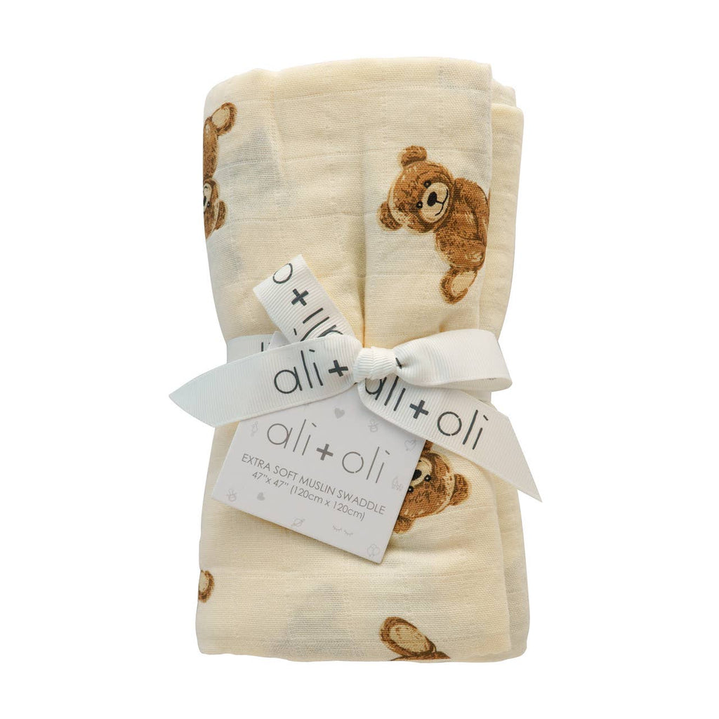 Bamboo Muslin Swaddle Blanket Teddy Bear