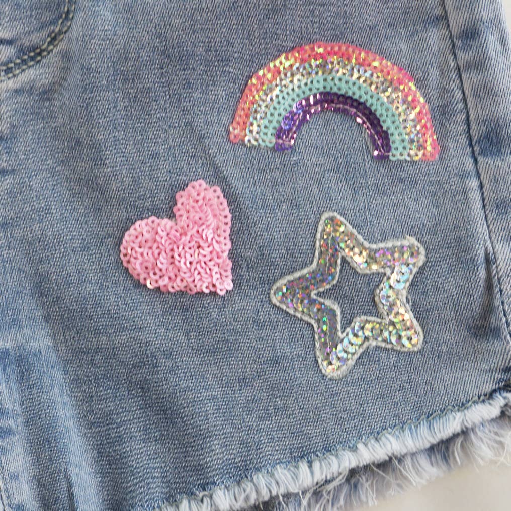 Sequin Heart & Rainbow Denim Shorts