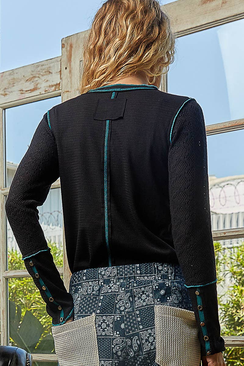 Round neck solid cut and sew knit mix knit top