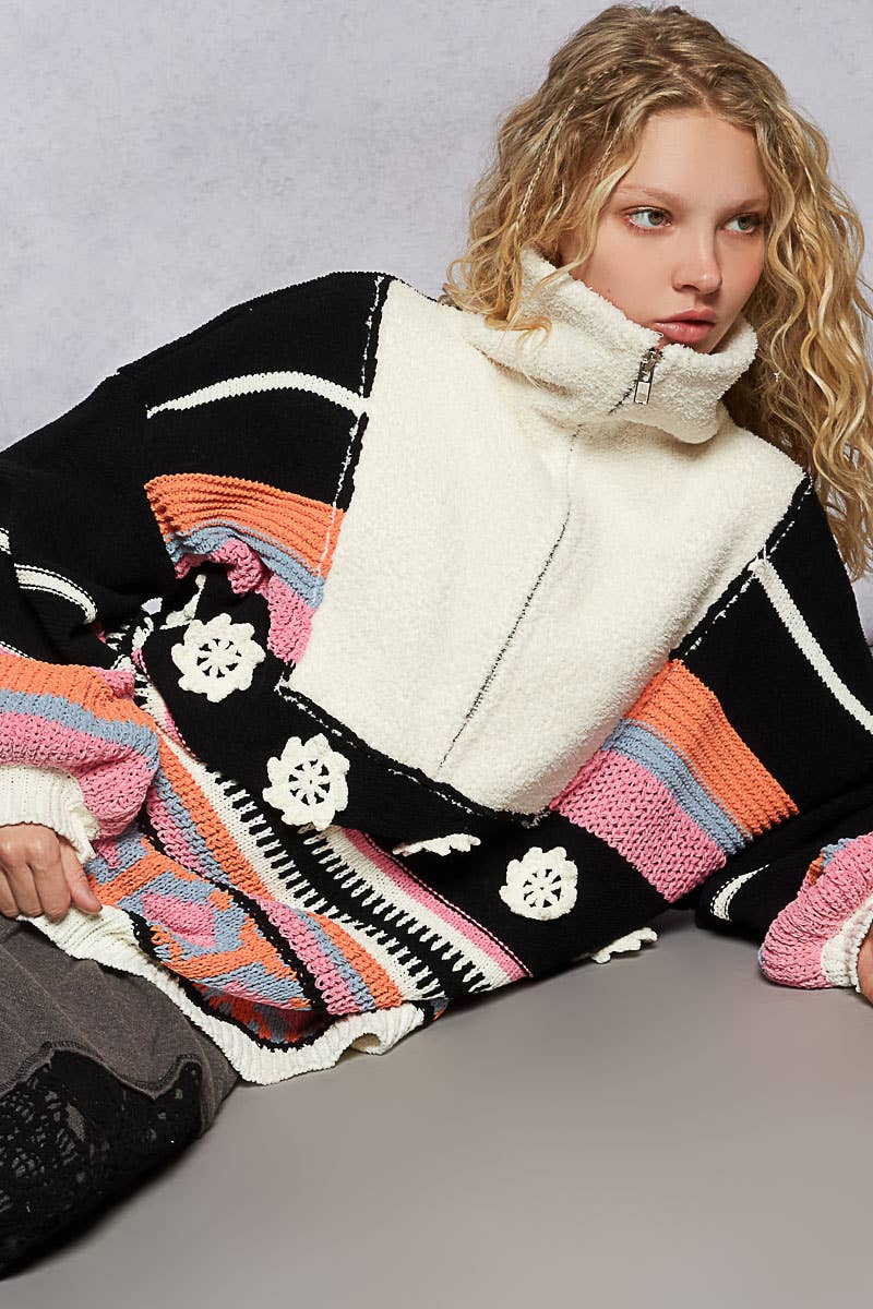 High collar half zipper rainbow pullover