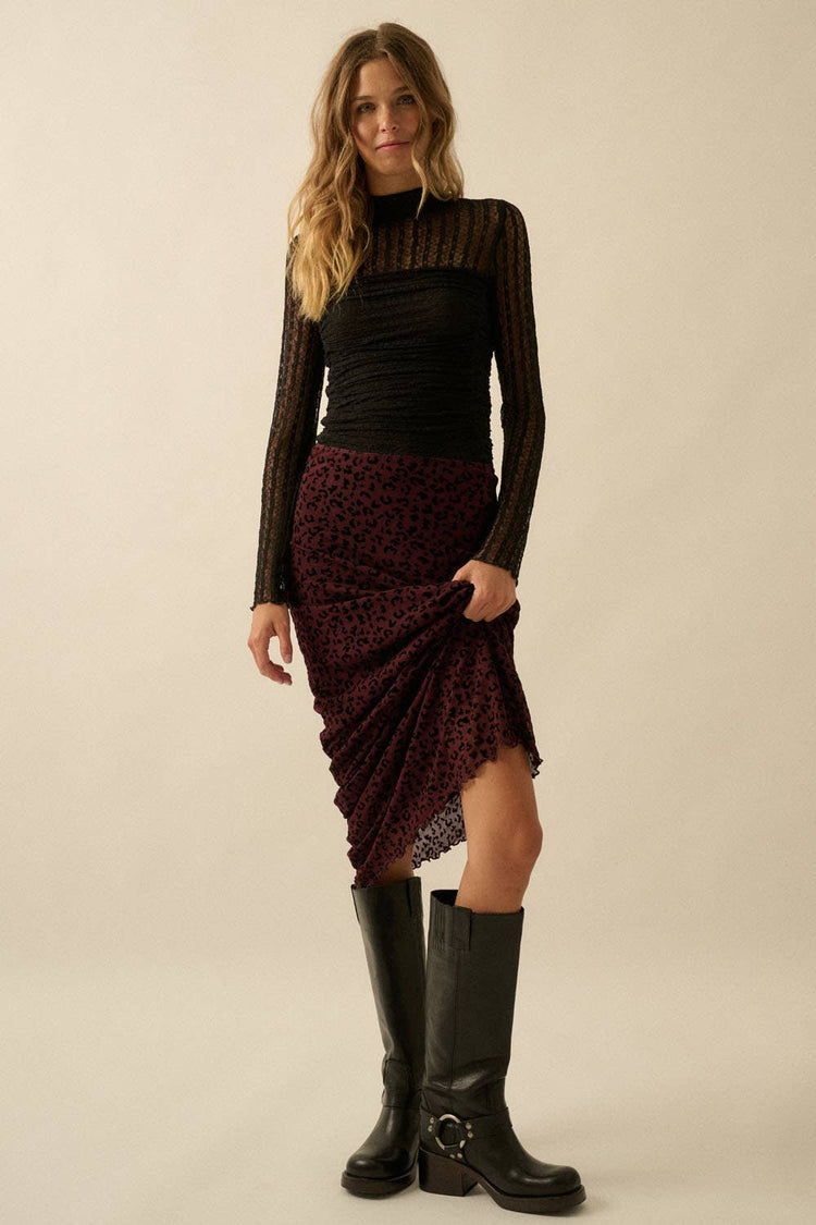 Cranberry Leopard Mesh Straight Maxi Skirt