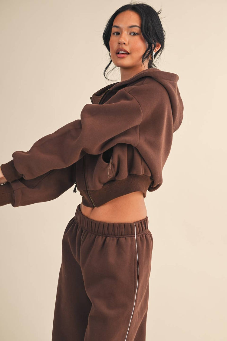 Cozy Cocoa Fleece Oversized Crop Full Zip Hoodie