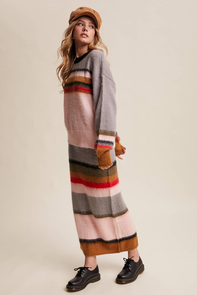 Striped Fuzzy Knit Sweater & Skirt Set